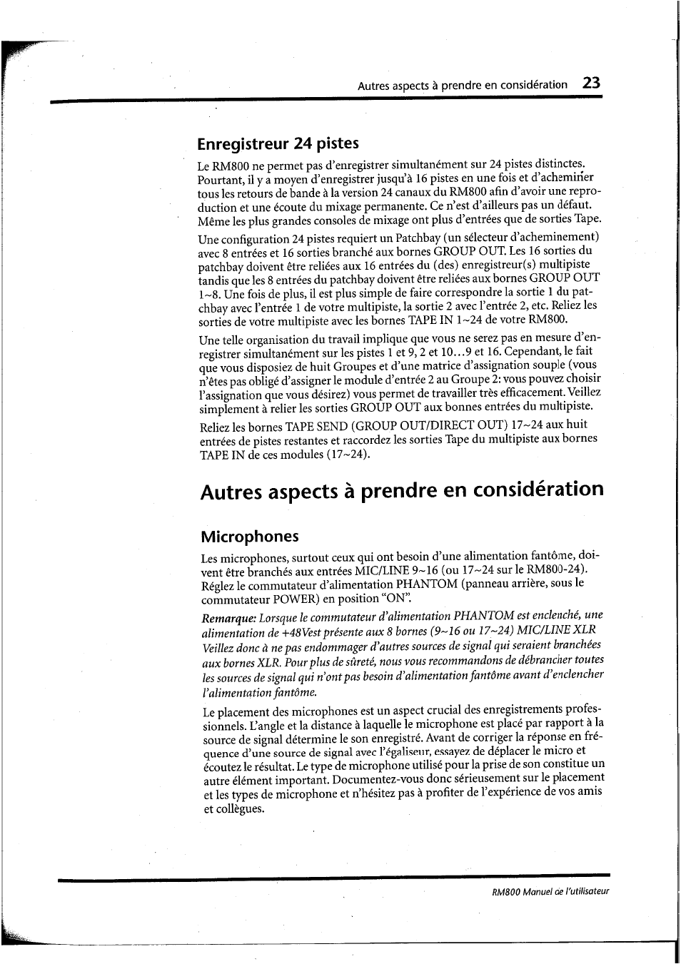 Enregistreur 24 pistes, Autres aspects à prendre en considération, Microphones | Yamaha RM800 User Manual | Page 66 / 163