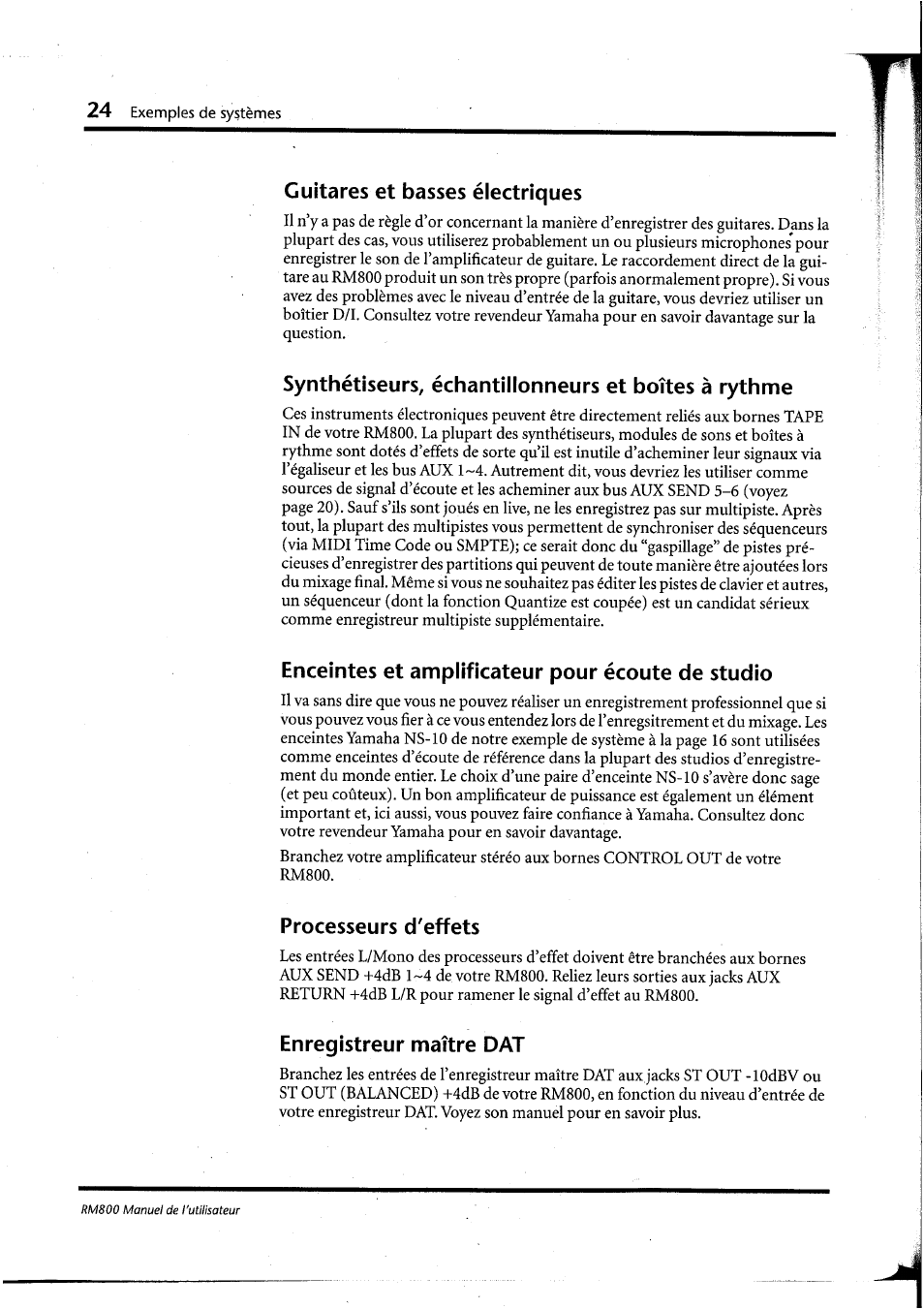 Guitares et basses électriques, Synthétiseurs, échantillonneurs et boîtes à rythme, Enceintes et amplificateur pour écoute de studio | Processeurs d'effets, Enregistreur maître dat | Yamaha RM800 User Manual | Page 67 / 163