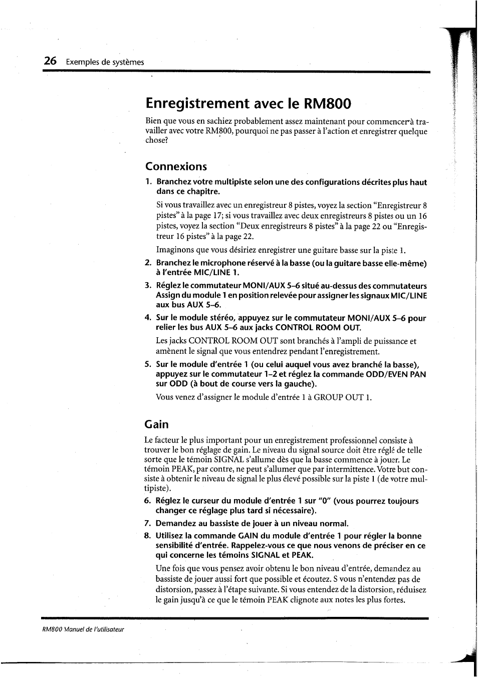 Enregistrement avec le rm800, Connexions, Gain | Demandez au bassiste de jouer à un niveau normal | Yamaha RM800 User Manual | Page 69 / 163