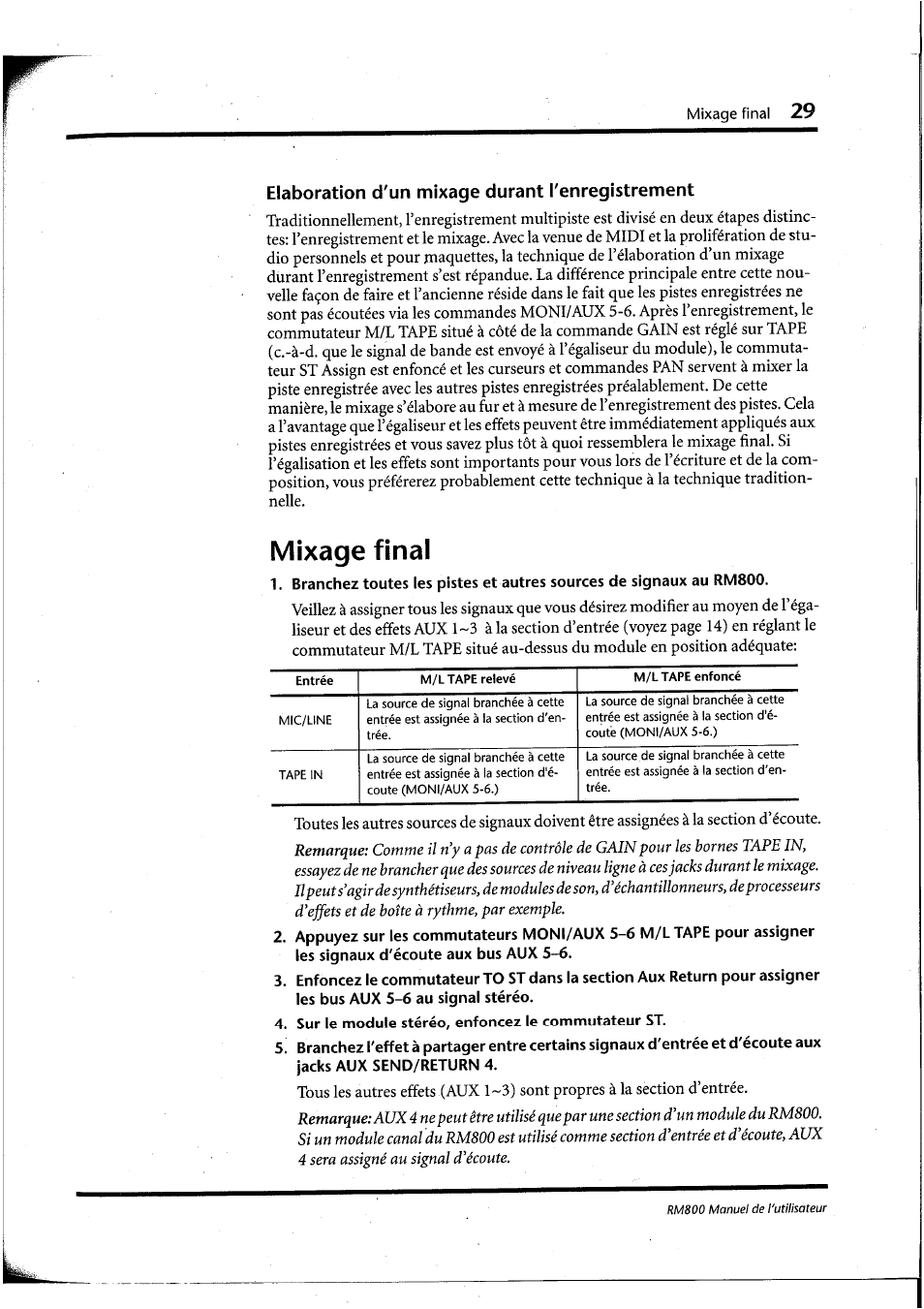 Elaboration d'un mixage durant l'enregistrement, Mixage final | Yamaha RM800 User Manual | Page 72 / 163