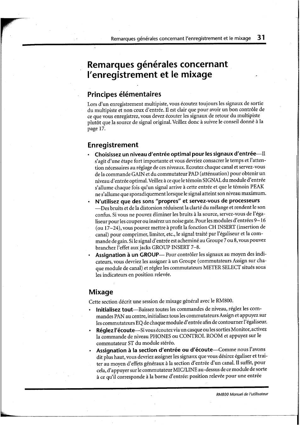 Principes élémentaires, Enregistrement, Mixage | Yamaha RM800 User Manual | Page 74 / 163