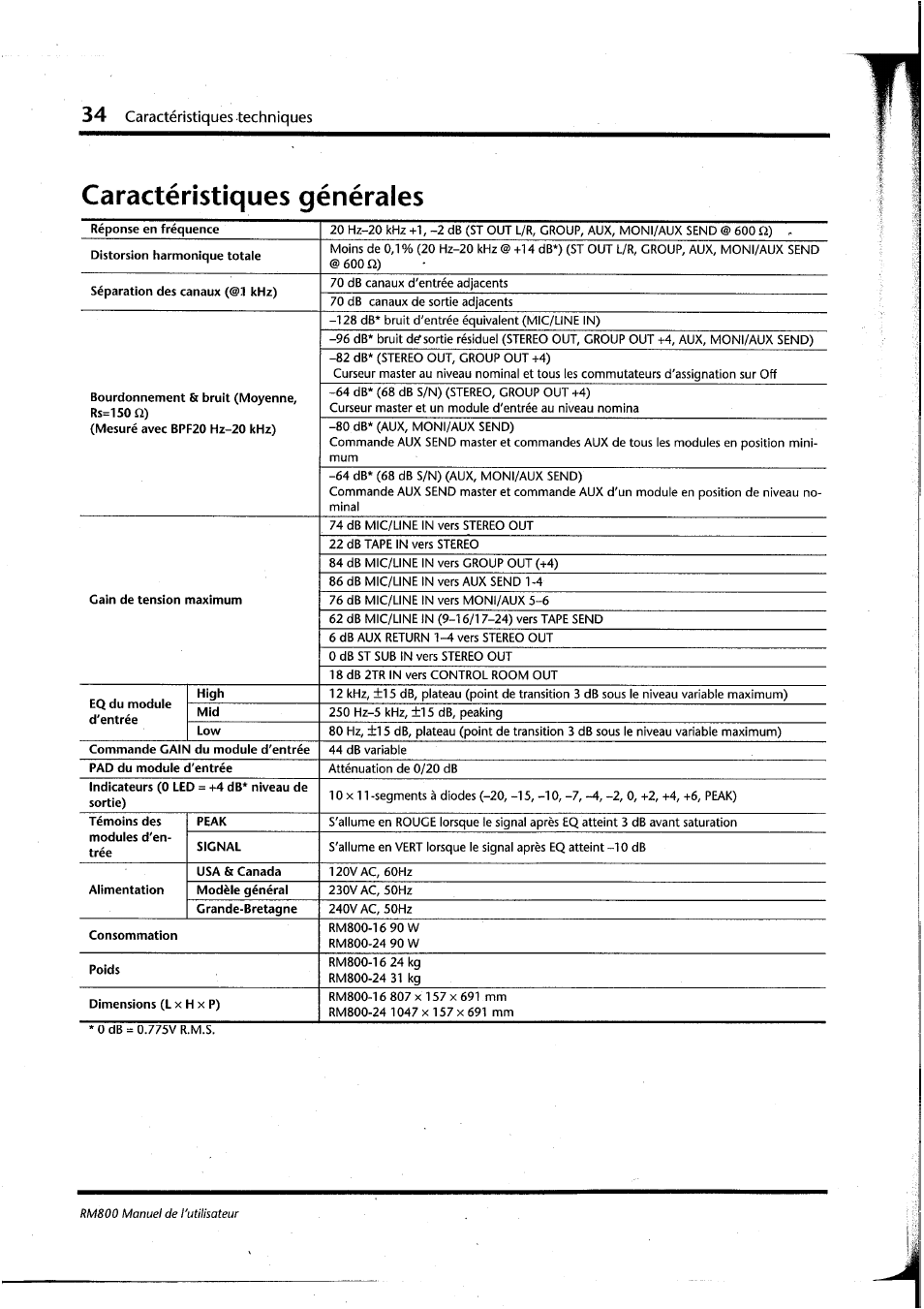 Caractéristiques générales, Caractéristiques techniques | Yamaha RM800 User Manual | Page 77 / 163