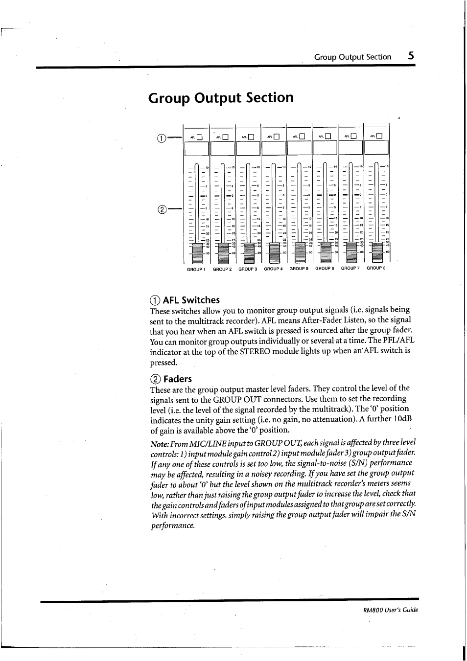 Group output section, 0 afl switches, 0 faders | Yamaha RM800 User Manual | Page 8 / 163