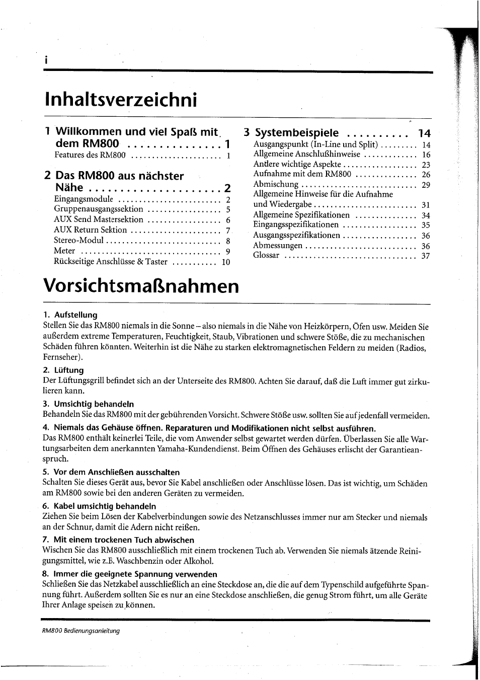 Aufstellung, Lüftung, Umsichtig behandeln | Vor dem anschließen ausschalten, Kabel umsichtig behandeln, Mit einem trockenen tuch abwischen, Immer die geeignete spannung verwenden, Inhaltsverzeichni, Vorsichtsmaßnahmen | Yamaha RM800 User Manual | Page 83 / 163