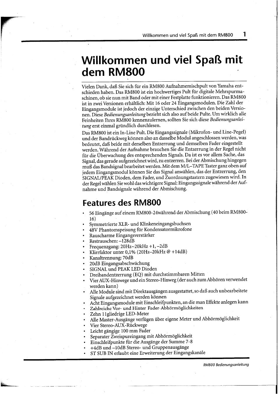 Willkommen und viel spaß mit dem rm800, Features des rm800 | Yamaha RM800 User Manual | Page 84 / 163