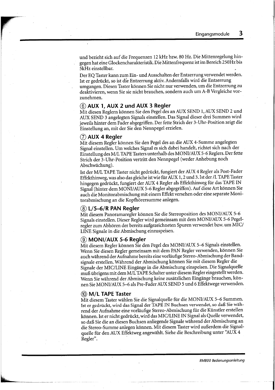 D aux 1, aux 2 und aux 3 regler, 7) aux 4 regler, 8) l/5-6/r pan regler | 9) moni/aux 5-6 regler, M/l tape taster | Yamaha RM800 User Manual | Page 86 / 163