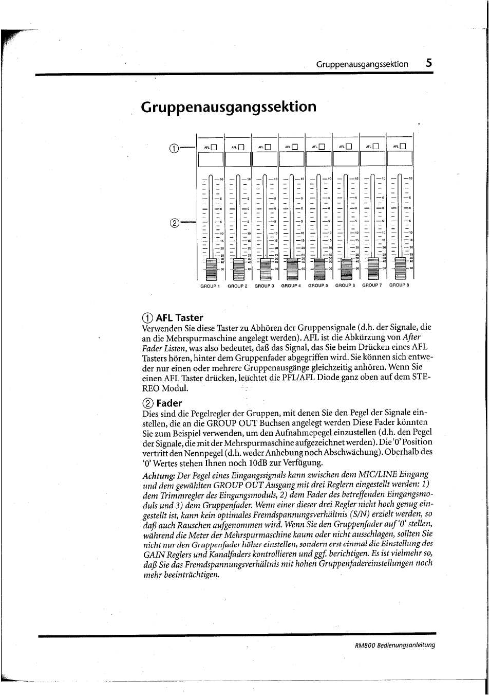 Gruppenausgangssektion, 0 afl taster, 0 fader | Yamaha RM800 User Manual | Page 88 / 163