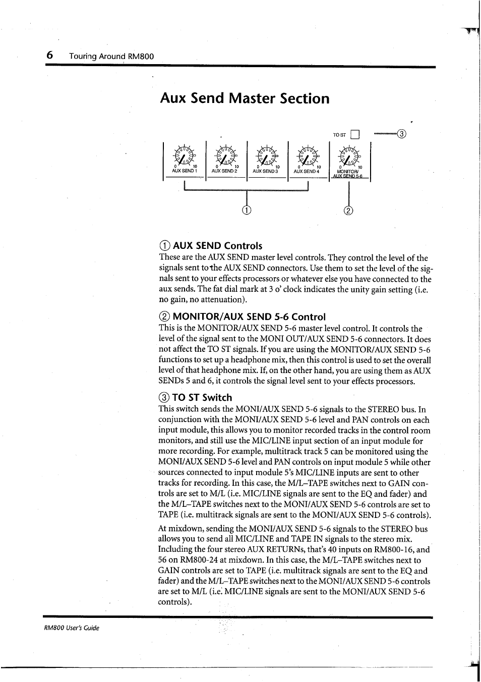 Aux send master section, Aux send controls, Monitor/aux send 5-6 control | To st switch | Yamaha RM800 User Manual | Page 9 / 163