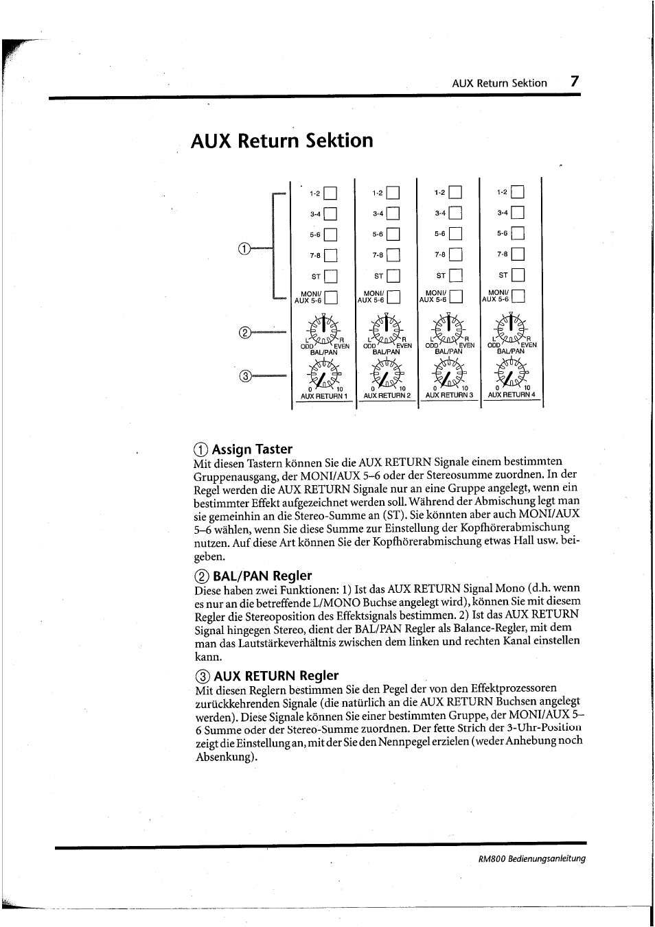 Aux return sektion, Assign taster, Bal/pan regler | 3) aux return regler | Yamaha RM800 User Manual | Page 90 / 163