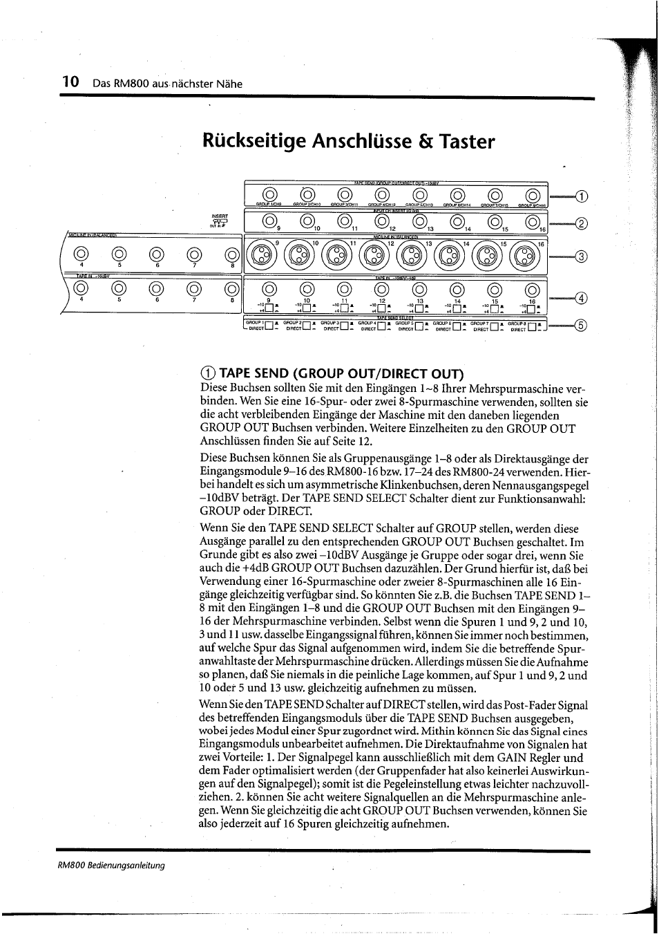 Rückseitige anschlüsse & taster, D) tape send (group out/direct out) | Yamaha RM800 User Manual | Page 93 / 163