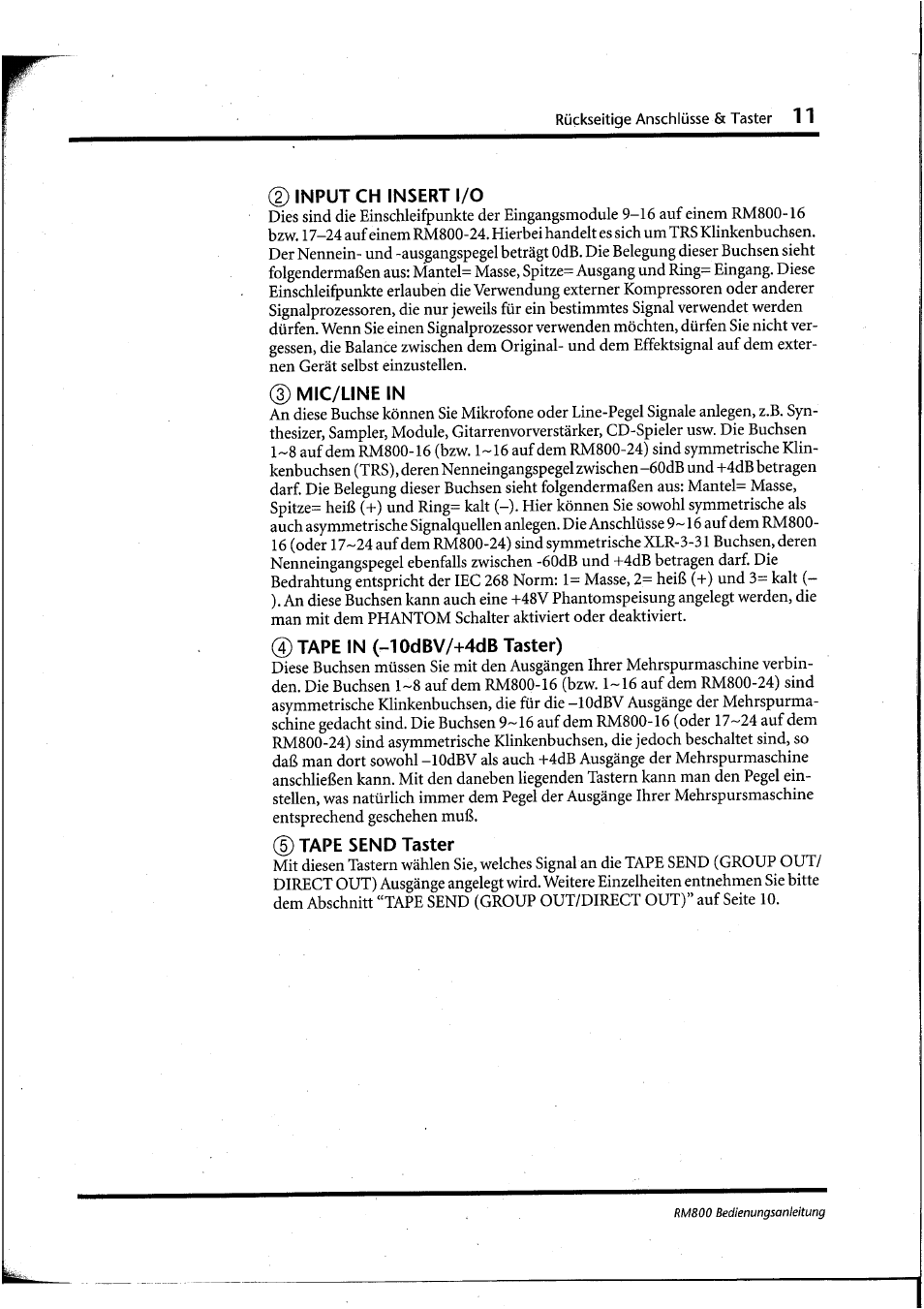 Input ch insert i/o, 3) mic/line in, A) tape in (-10dbv/+4dß taster) | D tape send taster | Yamaha RM800 User Manual | Page 94 / 163