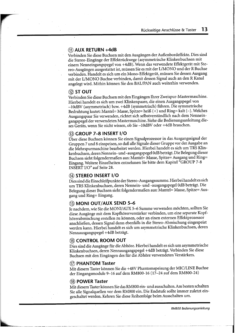 Aux return +4db, G) st out, Croup 7-8 insert i/o | Stereo insert i/o, G) moni out/aux send 5-6, Control room out, Phantom taster, Power taster | Yamaha RM800 User Manual | Page 96 / 163