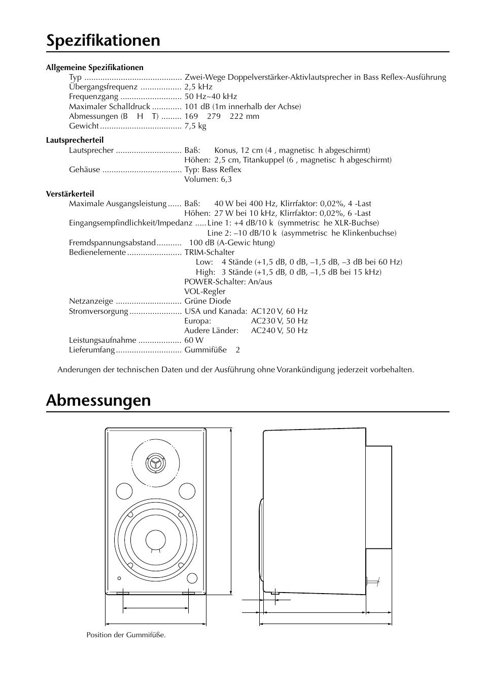 Spezifikationen, Abmessungen | Yamaha MSP5 User Manual | Page 11 / 16