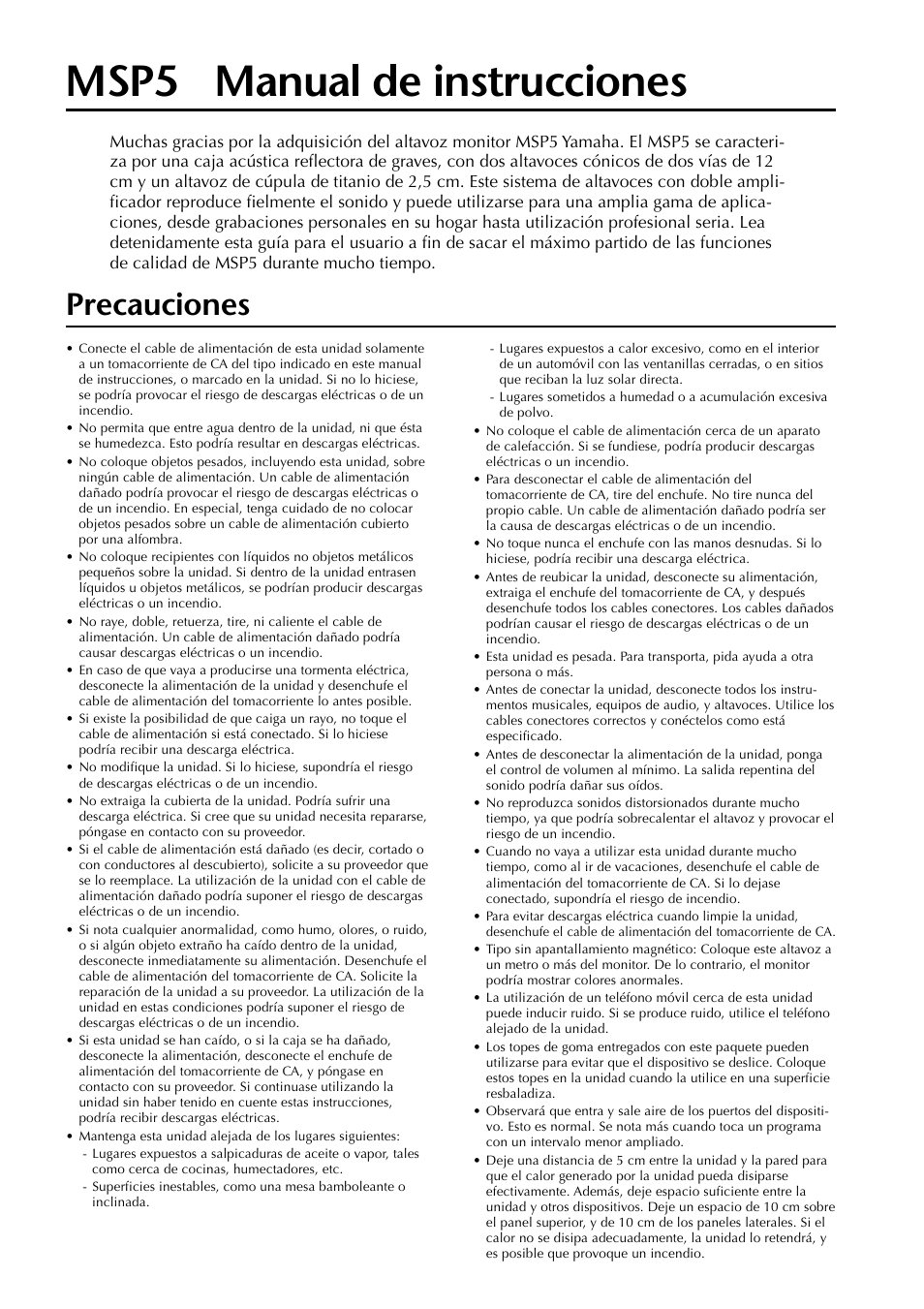 Español, Precauciones, Msp5 manual de instrucciones | Yamaha MSP5 User Manual | Page 12 / 16