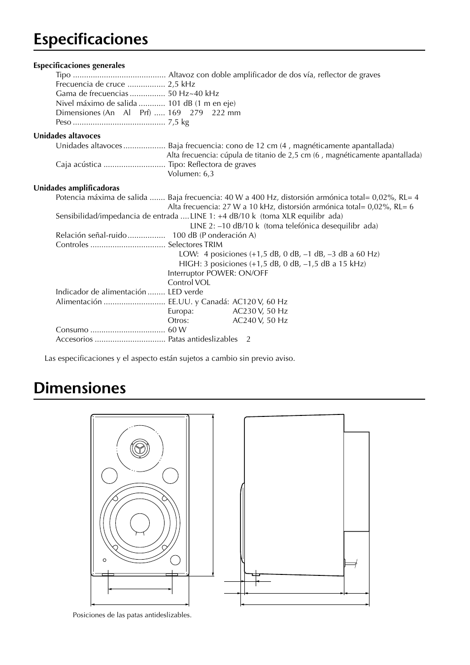 Especificaciones, Dimensiones | Yamaha MSP5 User Manual | Page 14 / 16