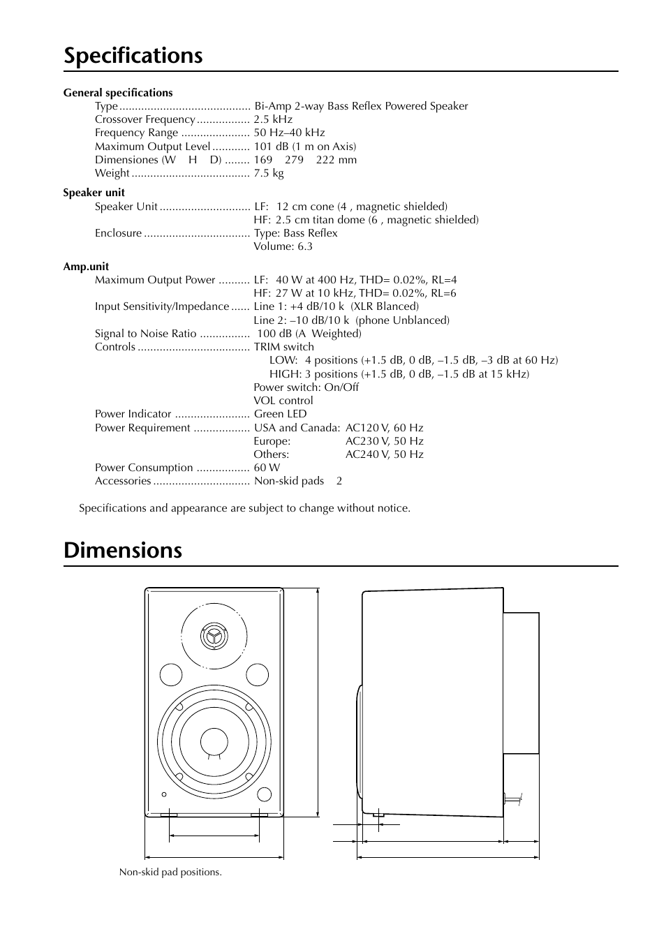 Specifications, Dimensions | Yamaha MSP5 User Manual | Page 5 / 16