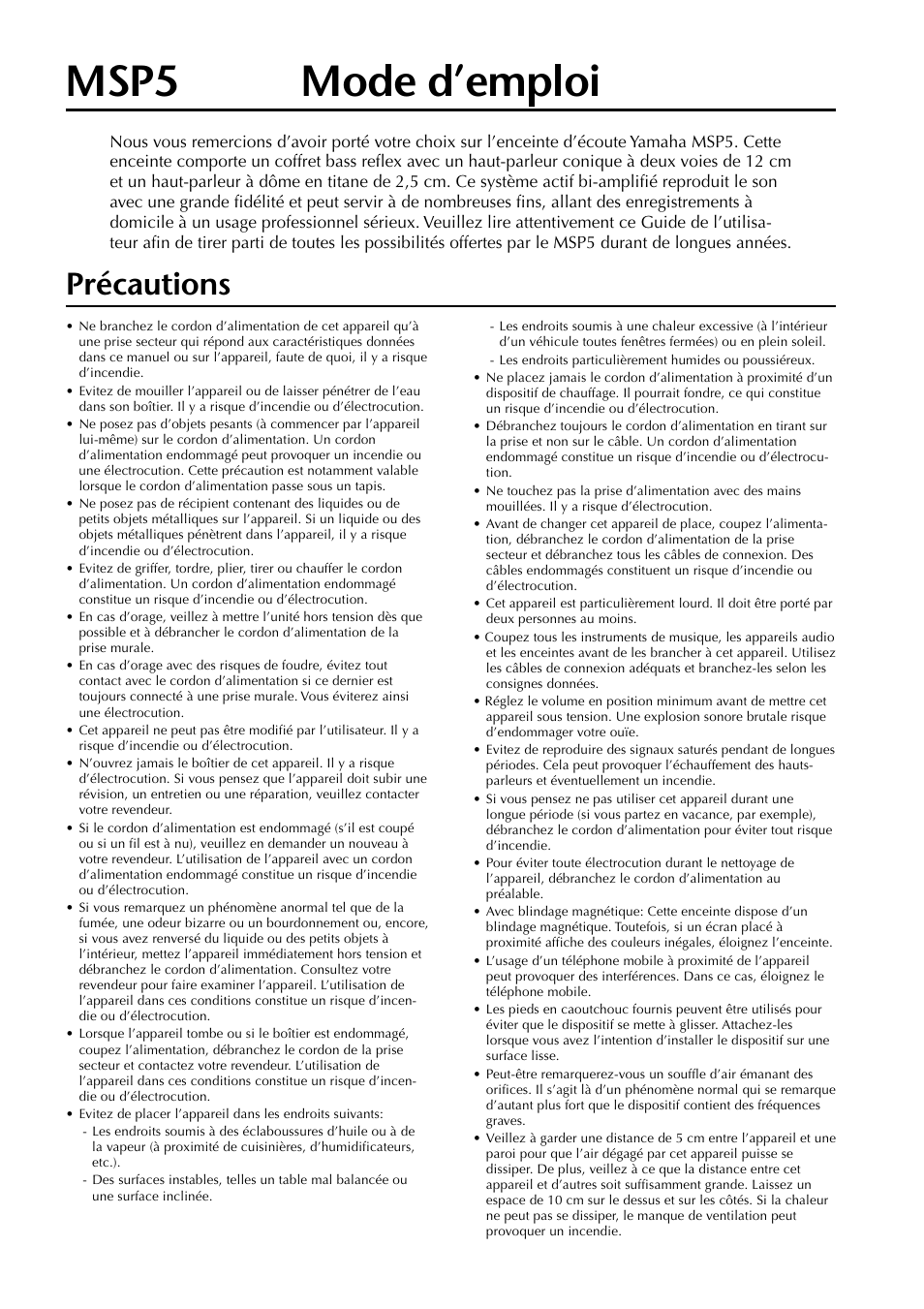 Français, Précautions, Msp5 mode d’emploi | Yamaha MSP5 User Manual | Page 6 / 16