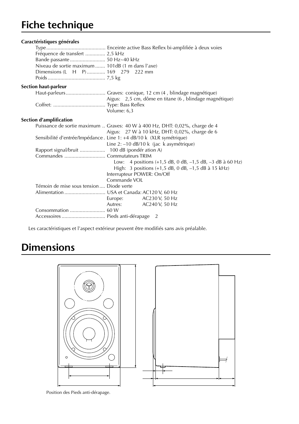 Fiche technique, Dimensions | Yamaha MSP5 User Manual | Page 8 / 16