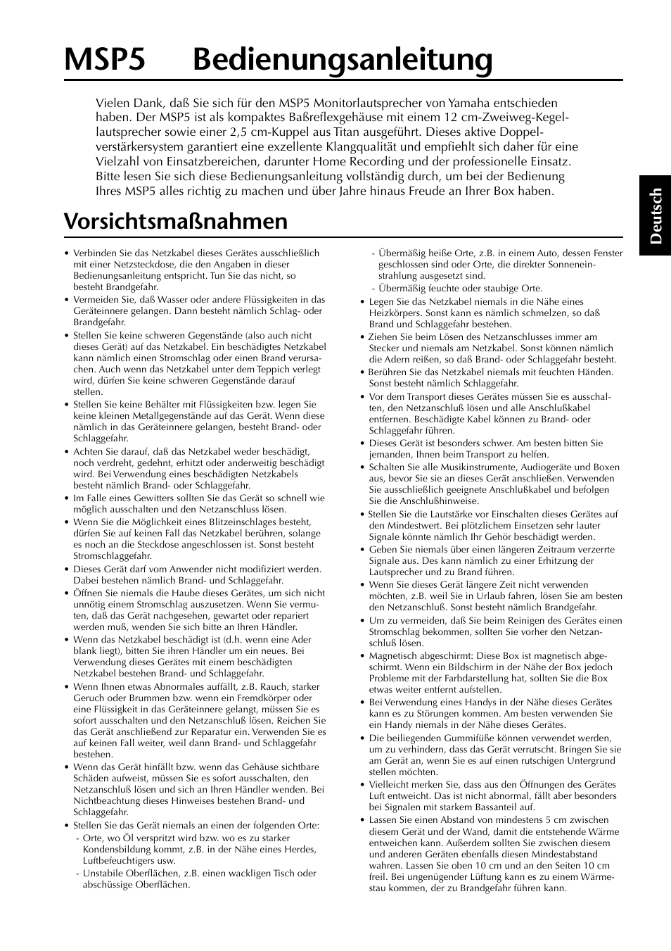 Deutsch, Vorsichtsmaßnahmen, Msp5 bedienungsanleitung | Deutsc h | Yamaha MSP5 User Manual | Page 9 / 16