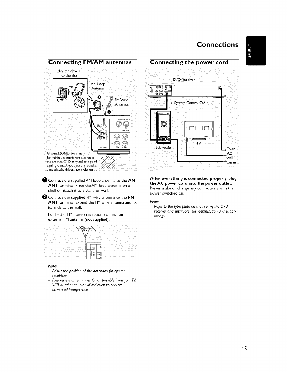 Connecting fm/am antennas, Connecting the power cord, Connections | Yamaha CINEMASTATION NX-C300 User Manual | Page 19 / 53