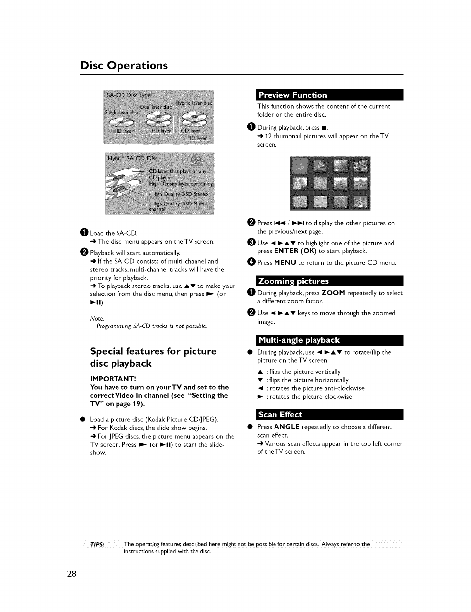 Preview function, Hy r,i, Special features for picture disc playback | Zooming pictures, Multi-angle playback, Scan effect, Preview function zooming pictures, Multi-angle playback scan effect, Disc operations | Yamaha CINEMASTATION NX-C300 User Manual | Page 32 / 53