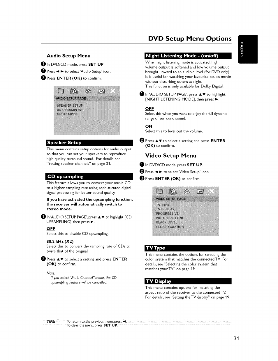 Audio setup menu, Speaker setup, Cd upsampling | Night listening mode - (on/off), Video setup menu, Tv type, Tv display, Night lighting mode - (on/off), Dvd setup menu options | Yamaha CINEMASTATION NX-C300 User Manual | Page 35 / 53