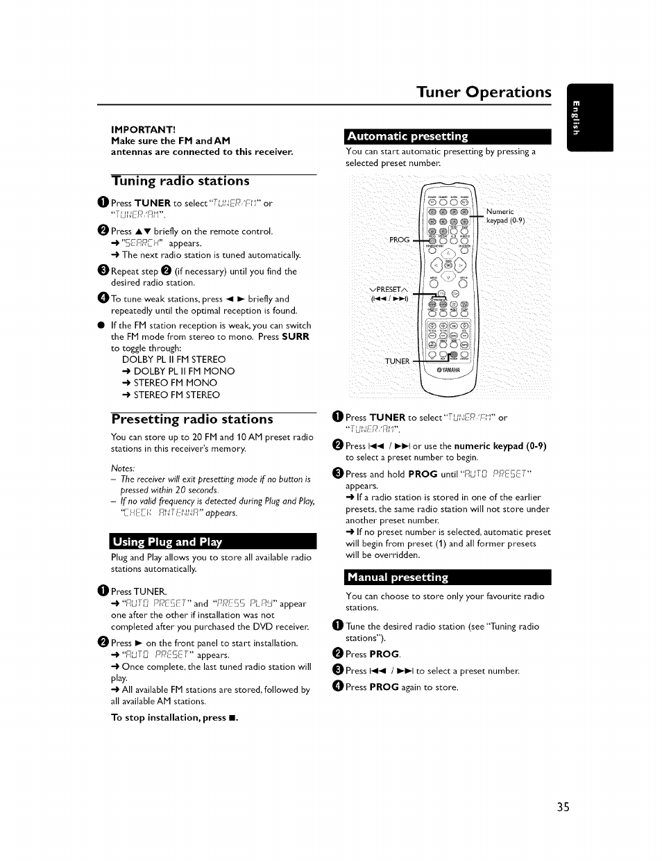 Tuner operations, Tuning radio stations, Presetting radio stations | Using plug and play, Automatic presetting, Manuai presetting, Manual presetting | Yamaha CINEMASTATION NX-C300 User Manual | Page 39 / 53