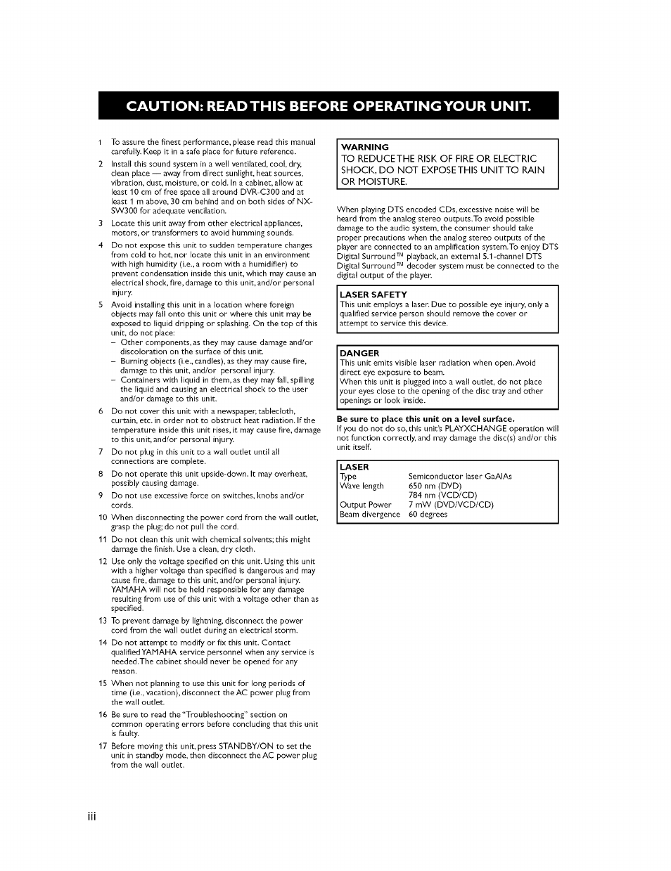 Caution: read this before operating your unit | Yamaha CINEMASTATION NX-C300 User Manual | Page 4 / 53