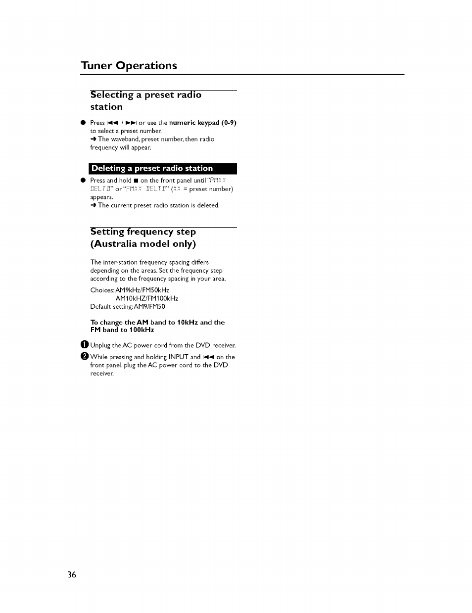 Tunet* operations, Selecting a preset radio station, Deleting a preset radio station | Setting frequency step (australia model only) | Yamaha CINEMASTATION NX-C300 User Manual | Page 40 / 53