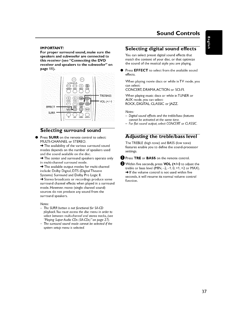 Sound controls, Selecting surround sound, Selecting digital sound effects | Adjusting the treble/bass level | Yamaha CINEMASTATION NX-C300 User Manual | Page 41 / 53