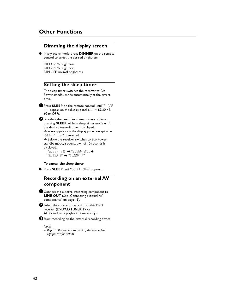 Dimming the display screen, Setting the sleep timer, Recording on an external av component | Dimming the display screen setting the sleep timer, Other functions | Yamaha CINEMASTATION NX-C300 User Manual | Page 44 / 53