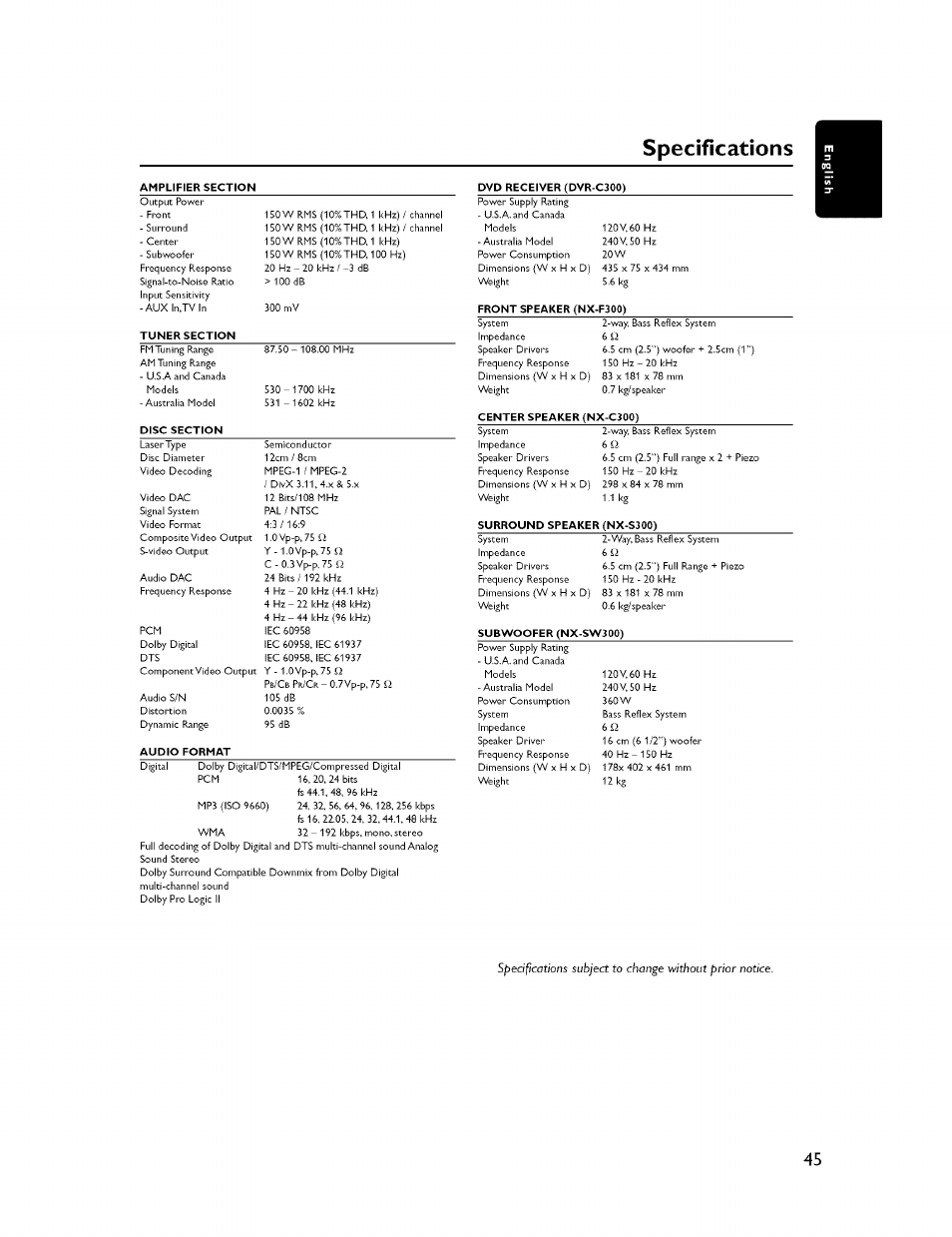 Specifications | Yamaha CINEMASTATION NX-C300 User Manual | Page 49 / 53