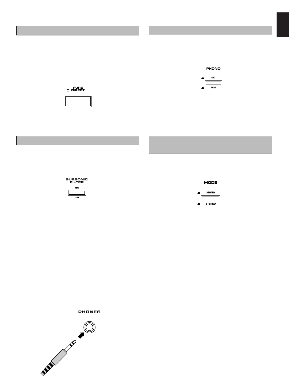 Using the pure direct switch, Setting the subsonic filter switch, Setting the phono switch | Setting the mode switch, For ax-1070 only, English | Yamaha AX-1070 User Manual | Page 11 / 16
