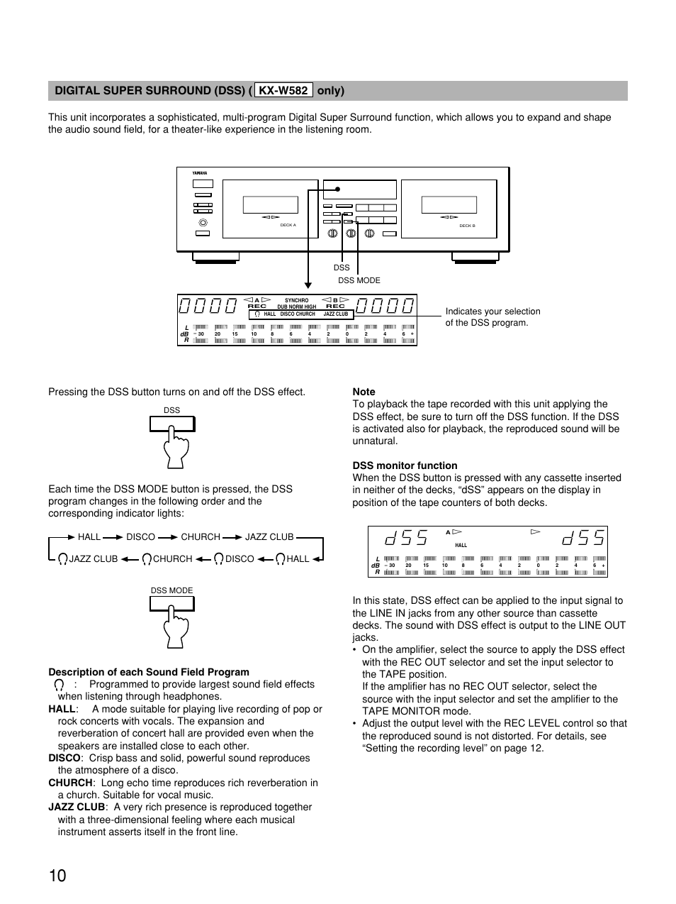 Digital super surround (dss) ( kx-w582 only) | Yamaha KX W482 User Manual | Page 10 / 20