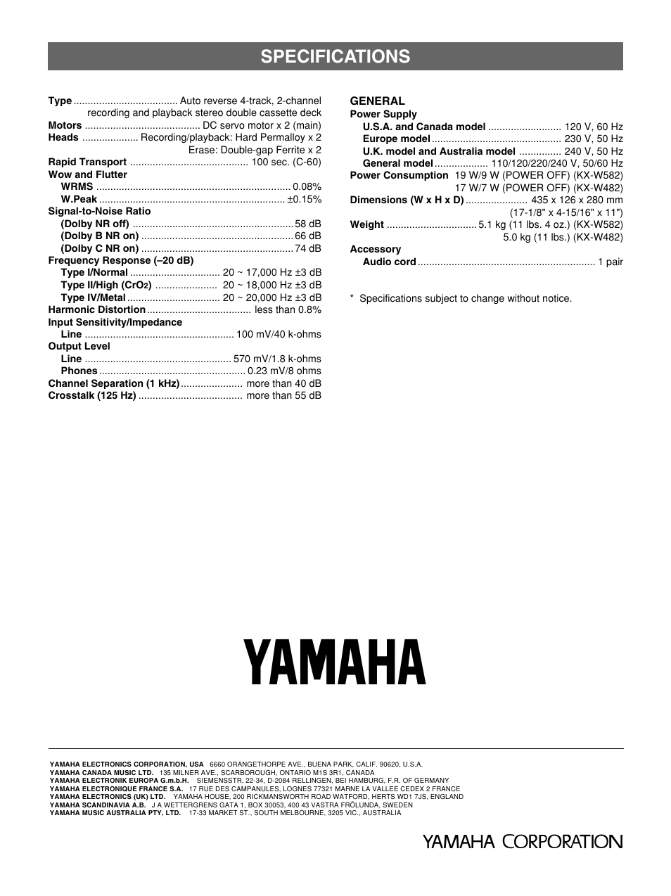Specifications | Yamaha KX W482 User Manual | Page 20 / 20