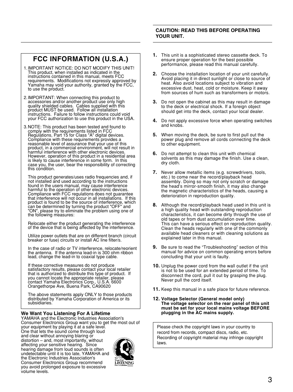 Fcc information (u.s.a.) | Yamaha KX W482 User Manual | Page 3 / 20