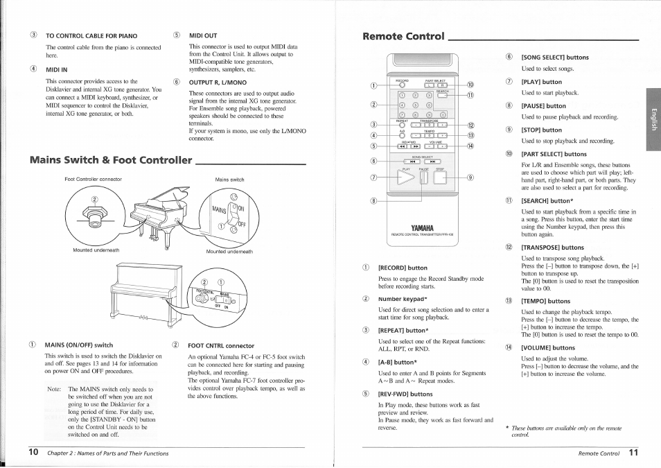 D to control cable for piano, Midi in, C5) midi out | Output r, l/mono, Mains switch & foot controller, Mains (on/off) switch, Foot cntrl connector, Remote control, Yamaha, Record] button | Yamaha disklavier Mark II XG Series User Manual | Page 12 / 14