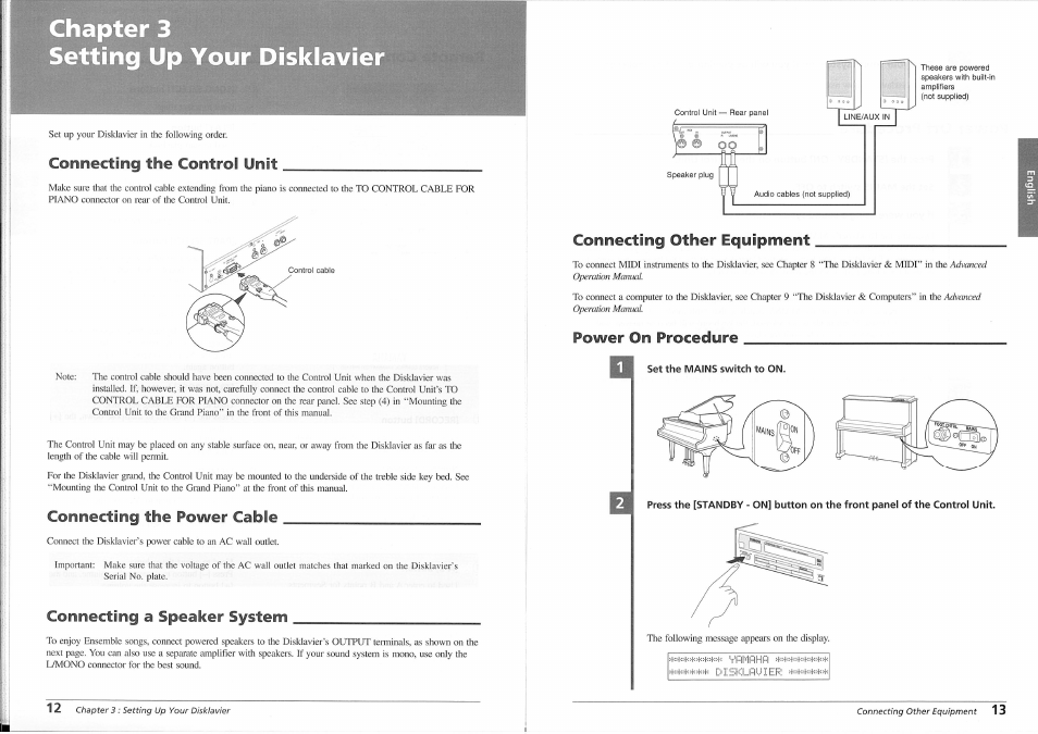 Connecting the control unit, Connecting the power cable, Connecting a speaker system | Connecting other equipment, Power on procedure, Set the mains switch to on, Chapter 3 setting up your disklavier | Yamaha disklavier Mark II XG Series User Manual | Page 13 / 14