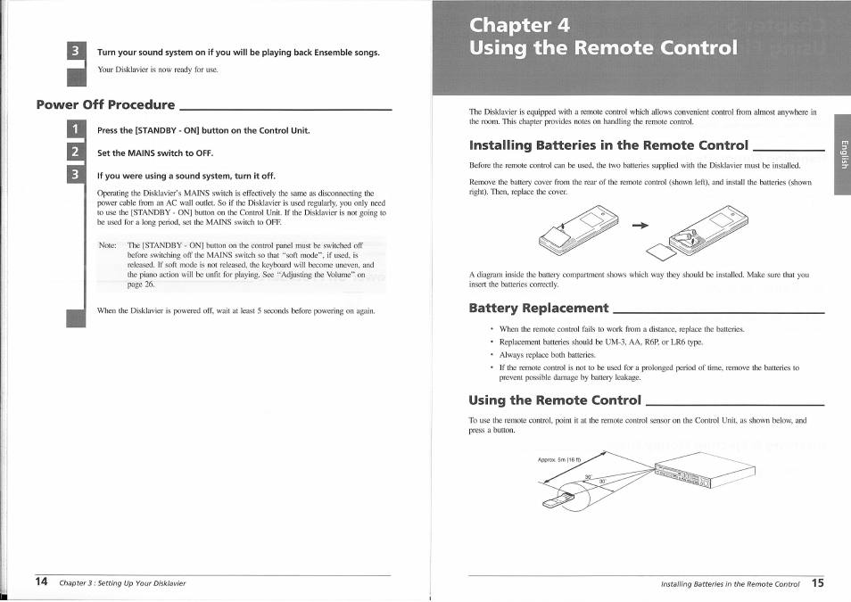 Power off procedure, Set the mains switch to off, If you were using a sound system, turn it off | Installing batteries in the remote control, Battery replacement, Using the remote control, Chapter 4 using the remote control | Yamaha disklavier Mark II XG Series User Manual | Page 14 / 14