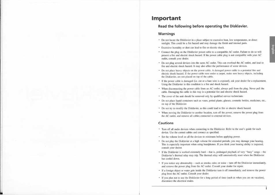 Read the following before operating the disklavier, Warnings, Cautions | Important | Yamaha disklavier Mark II XG Series User Manual | Page 5 / 14