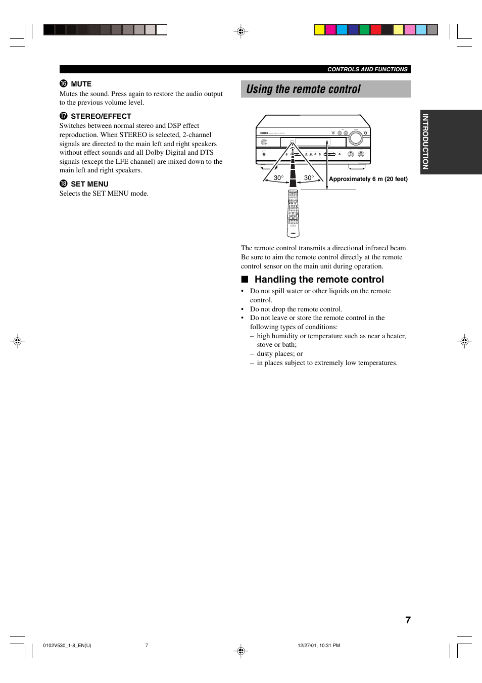 Using the remote control, Handling the remote control | Yamaha RX-V530/RX-V430 User Manual | Page 11 / 67