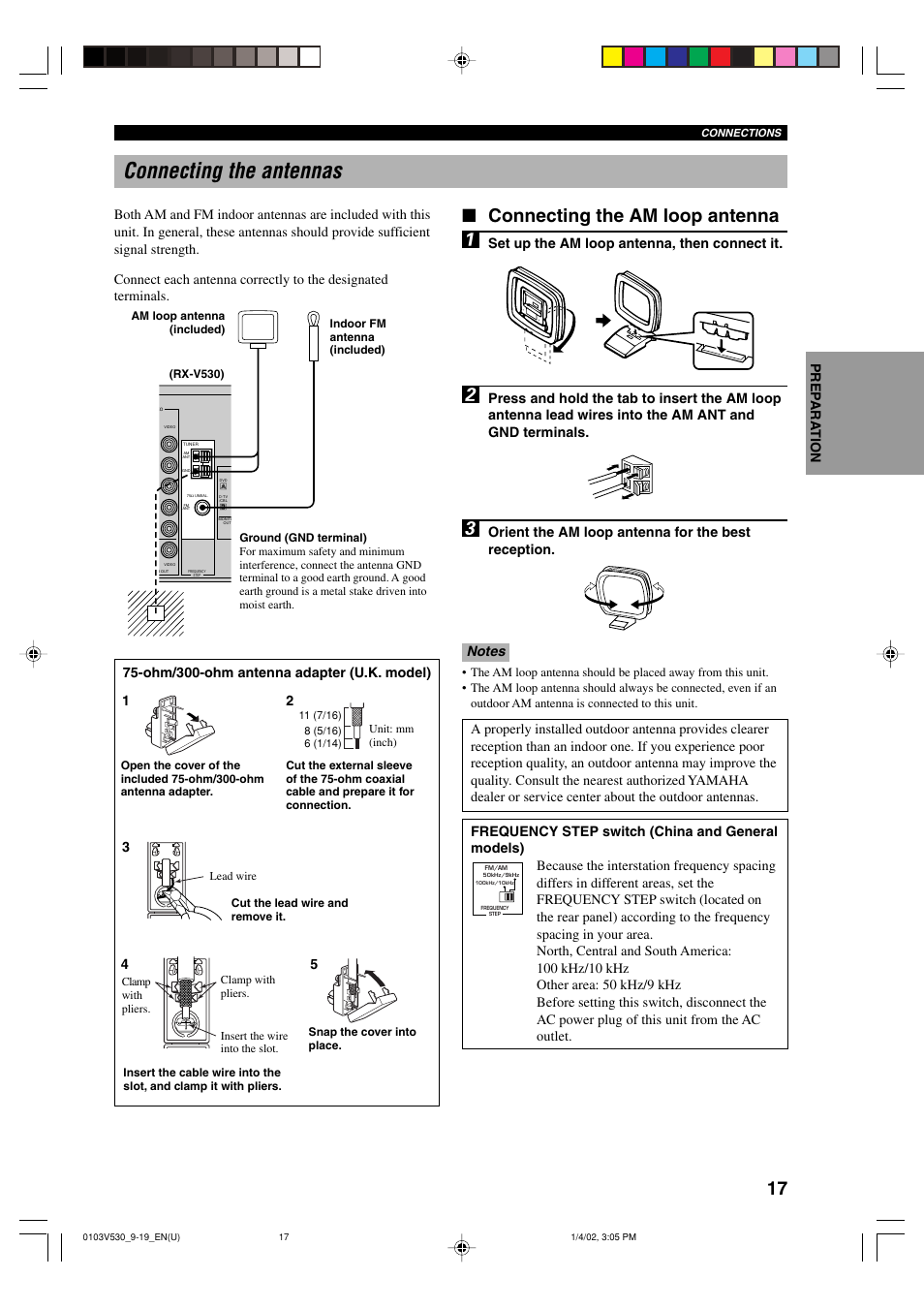 Connecting the antennas, Connecting the am loop antenna | Yamaha RX-V530/RX-V430 User Manual | Page 21 / 67