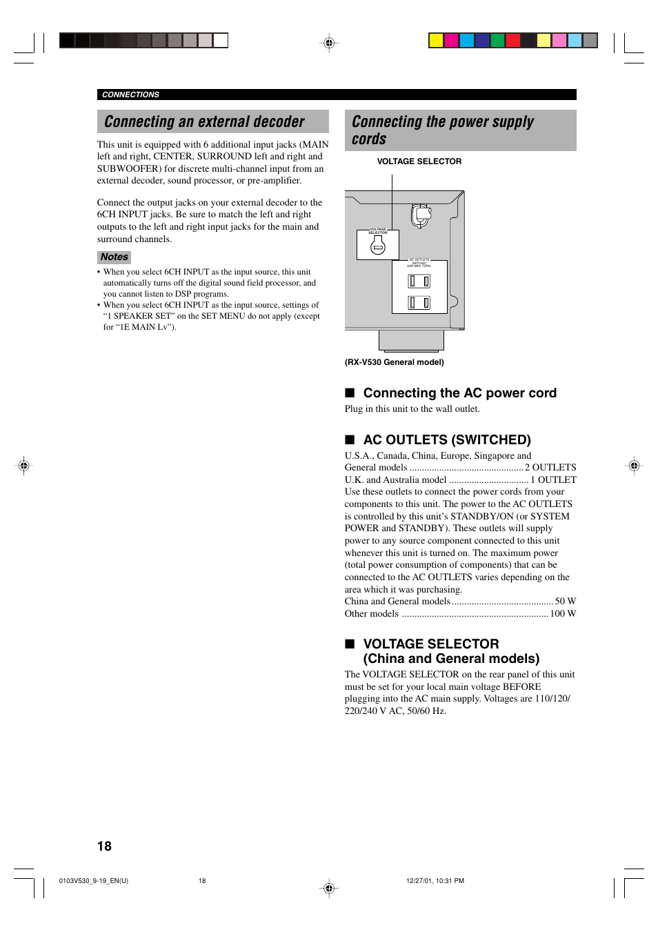 Connecting an external decoder, Connecting the power supply cords, Connecting the ac power cord | Ac outlets (switched), Voltage selector (china and general models) | Yamaha RX-V530/RX-V430 User Manual | Page 22 / 67