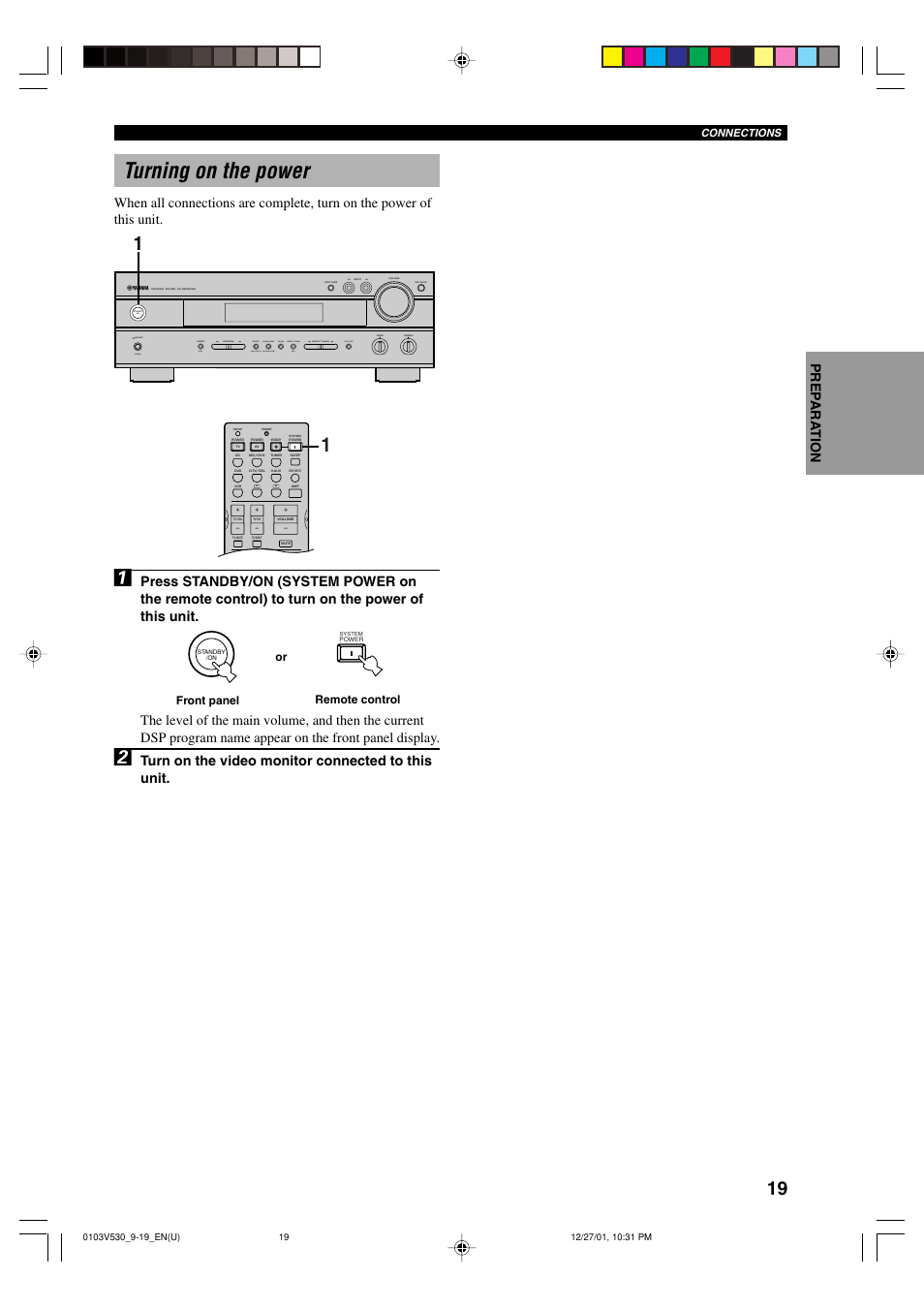 Turning on the power, Turn on the video monitor connected to this unit | Yamaha RX-V530/RX-V430 User Manual | Page 23 / 67