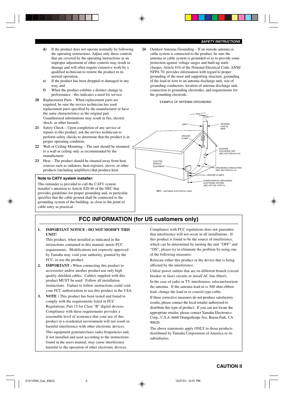 Fcc information (for us customers only), Caution ii | Yamaha RX-V530/RX-V430 User Manual | Page 3 / 67