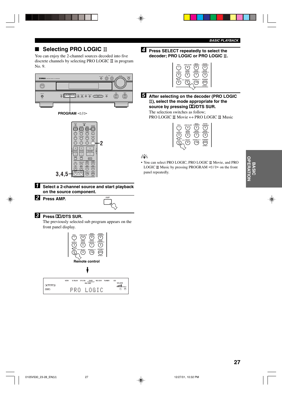 Selecting pro logic, Press amp, Remote control | Program l / h, Basic playback | Yamaha RX-V530/RX-V430 User Manual | Page 31 / 67