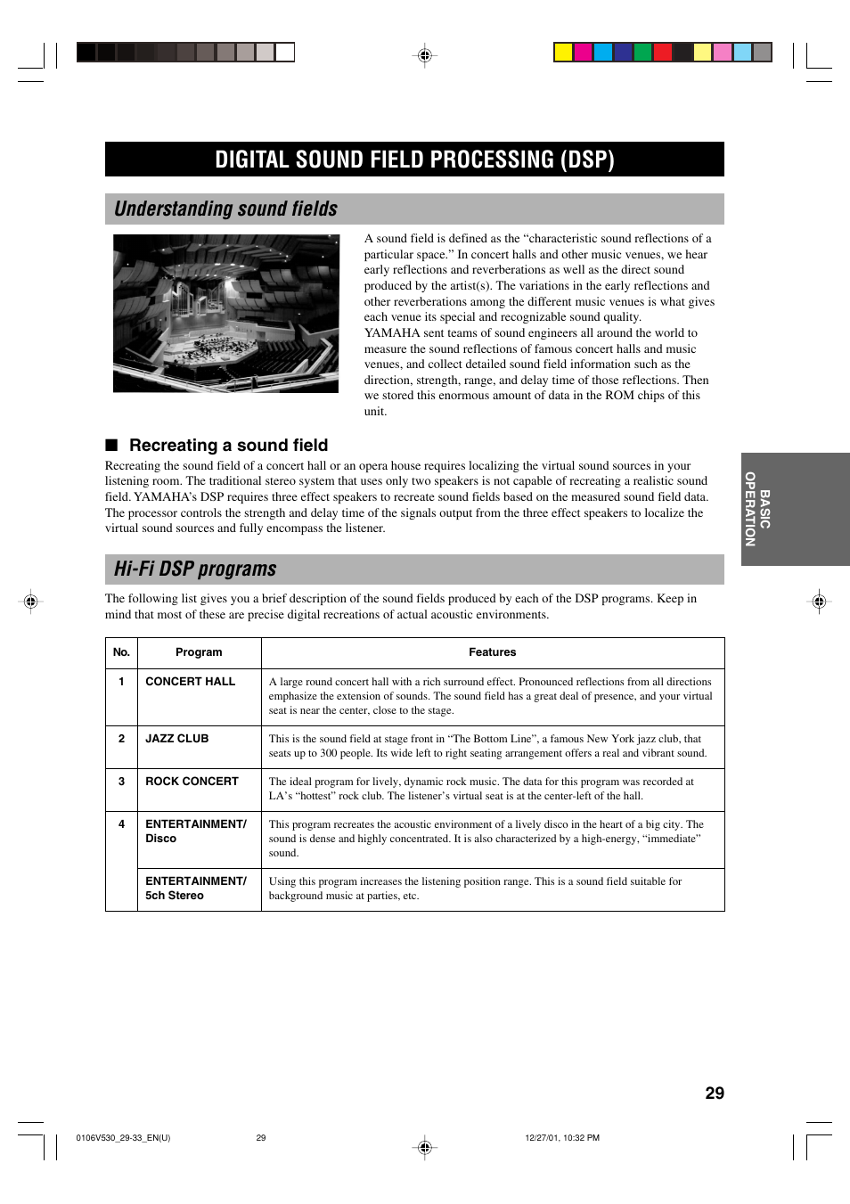 Digital sound field processing (dsp), Understanding sound fields, Hi-fi dsp programs | Recreating a sound field | Yamaha RX-V530/RX-V430 User Manual | Page 33 / 67