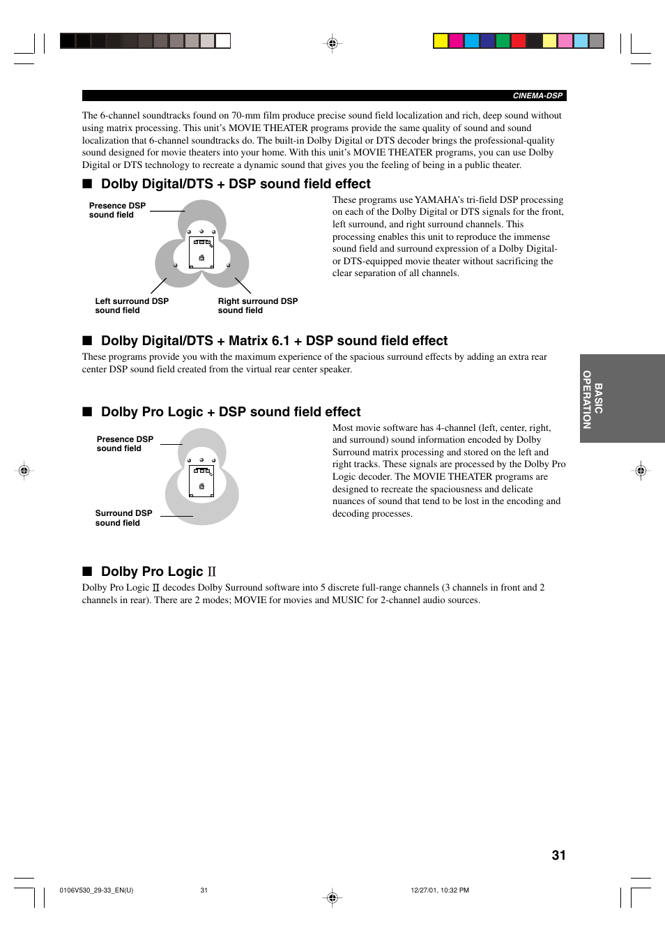 Dolby digital/dts + dsp sound field effect, Dolby pro logic + dsp sound field effect, Dolby pro logic | Yamaha RX-V530/RX-V430 User Manual | Page 35 / 67