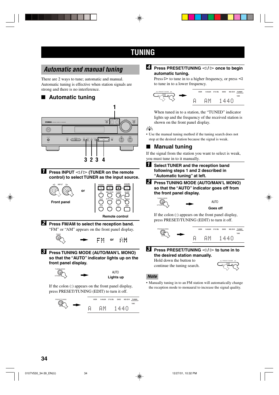 Tuning, Automatic and manual tuning, Manual tuning | Automatic tuning, Aa m 1 4 4 o | Yamaha RX-V530/RX-V430 User Manual | Page 38 / 67