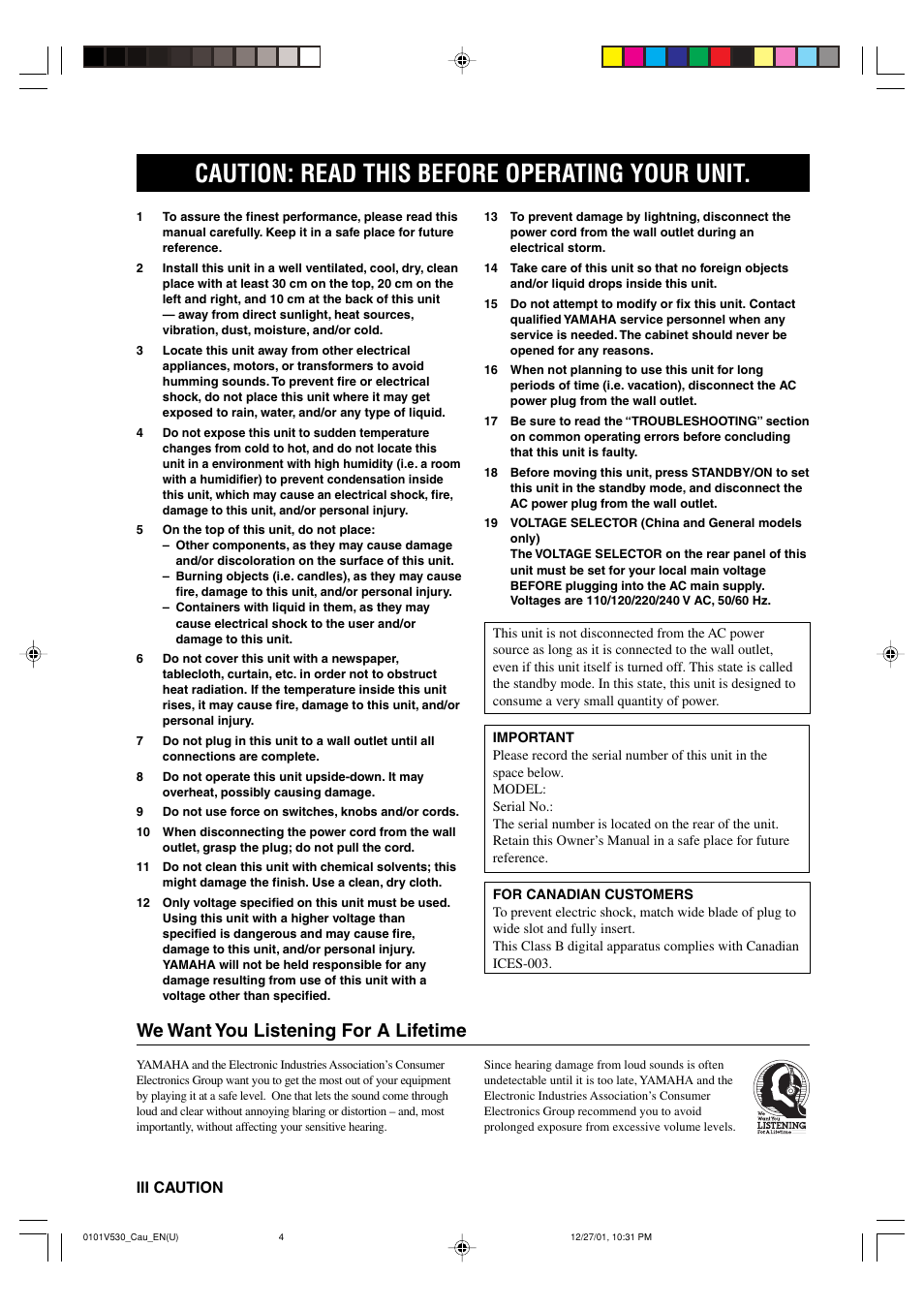 Caution: read this before operating your unit, We want you listening for a lifetime, Iii caution | Yamaha RX-V530/RX-V430 User Manual | Page 4 / 67